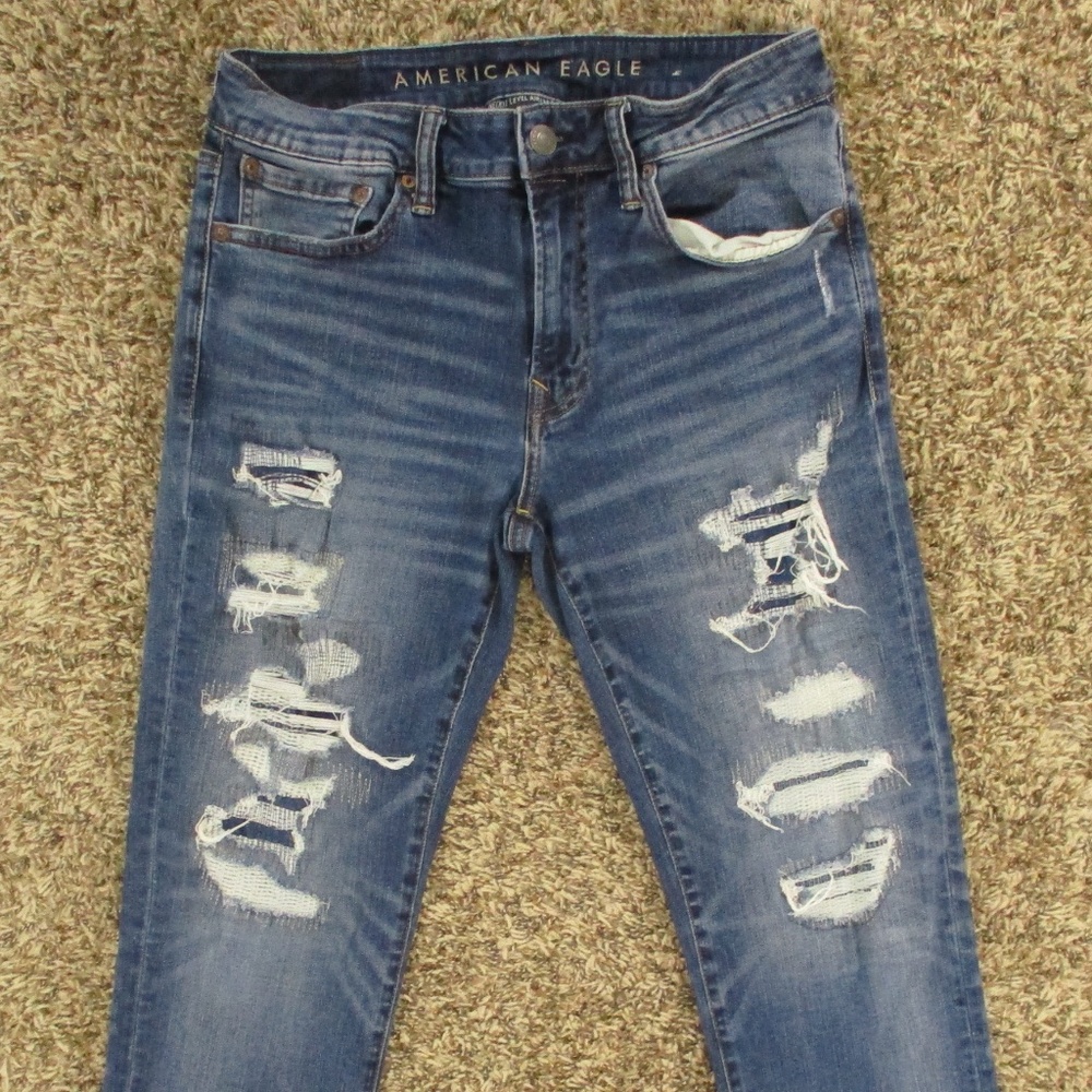 American Eagle Jeans Men's 31x30 Dark Wash Slim‎ Straight Airflex Distress Denim - Picture 3 of 9
